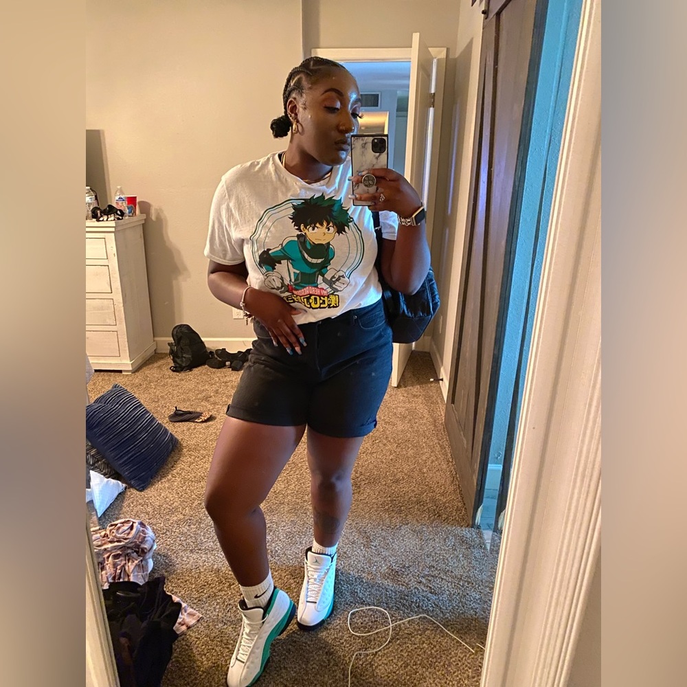 Distressed high rise black denim short